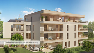 Graphische Darstellung eines modernen Mehrfamilienhauses mit Garten.