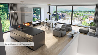 Moderner offener Wohnbereich mit raumhohen Fenstern.